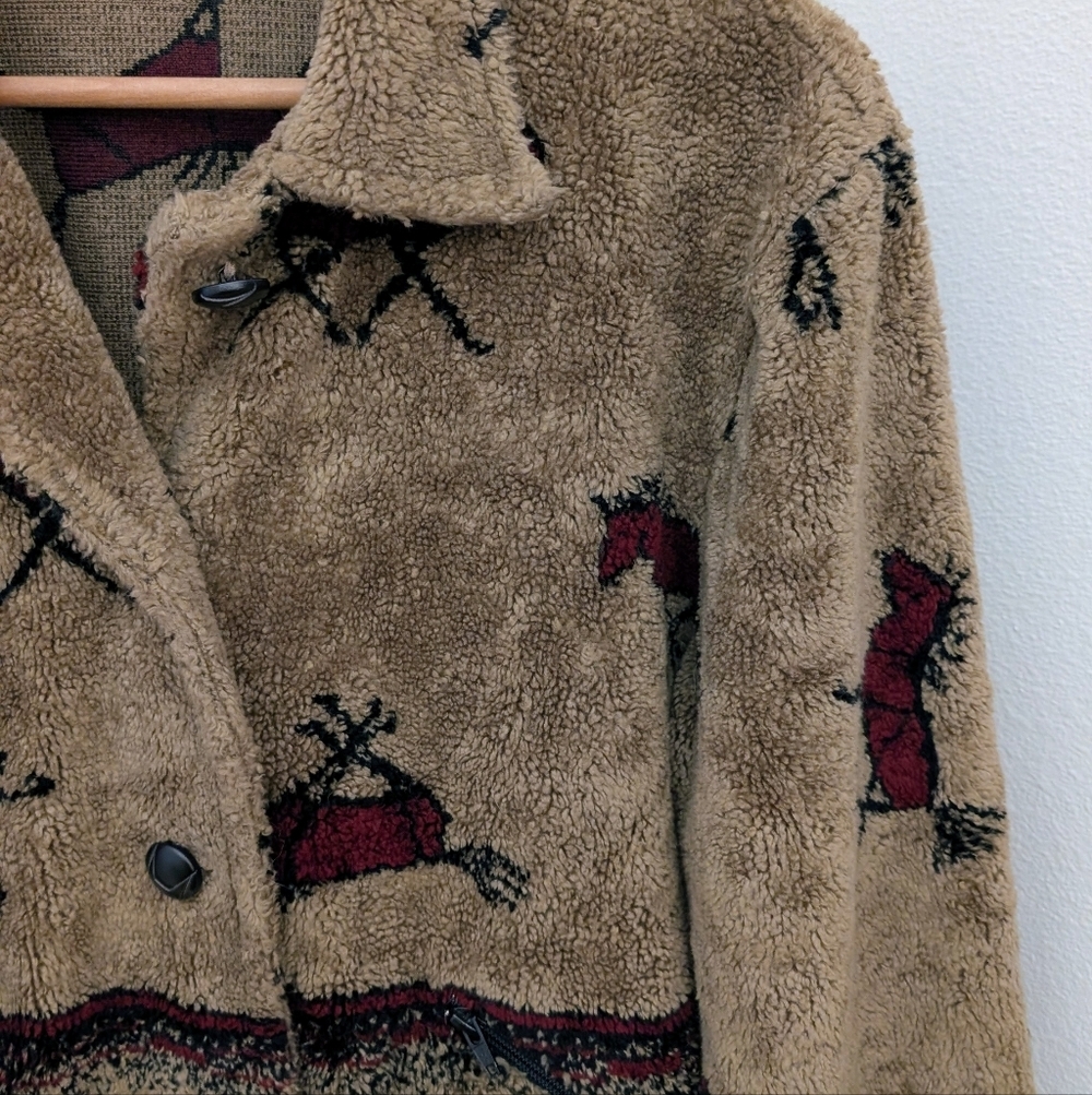 Vintage 90's Equestrian Collared Button Down Fleece Jacket In Tan/Black/Burgundy - Picture 5 of 11